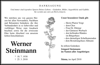 Traueranzeige von Werner Steinmann von Südthüringer Presse
