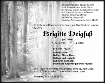 Traueranzeige von Brigitte Deigfuß von Südthüringer Presse