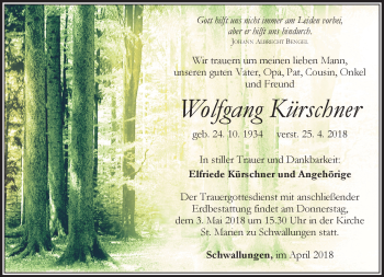Traueranzeige von Wolfgang Kürschner von Südthüringer Presse