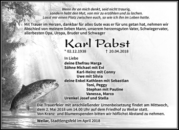 Traueranzeige von Karl Pabst von Südthüringer Presse