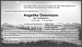 Traueranzeige von Angelika Ostermann von Südthüringer Presse