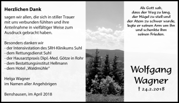 Traueranzeige von Wolfgang Wagner von Südthüringer Presse