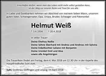 Traueranzeige von Helmut Weiß von Südthüringer Presse