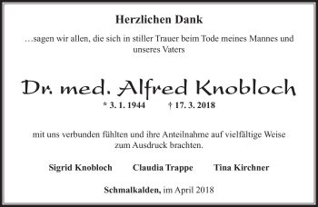Traueranzeige von Alfred Knobloch von Südthüringer Presse