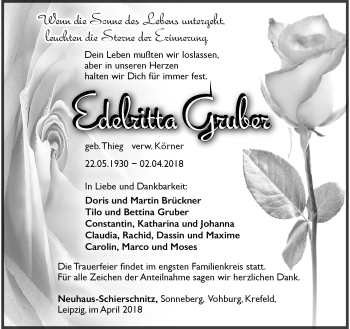 Traueranzeige von Edelritta Gruber von Südthüringer Presse