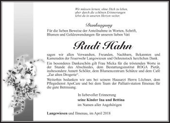 Traueranzeige von Rudi Hahn von Südthüringer Presse