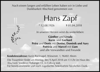 Traueranzeige von Hans Zapf von Neue Presse Coburg