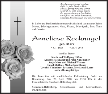Traueranzeige von Anneliese Recknagel von Südthüringer Presse