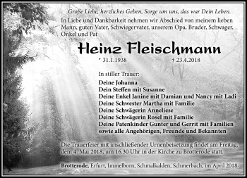 Traueranzeige von Heinz Fleischmann von Südthüringer Presse