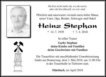 Traueranzeige von Heinz Stephan von Südthüringer Presse