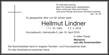 Traueranzeige von Hellmut Lindner von Frankenpost