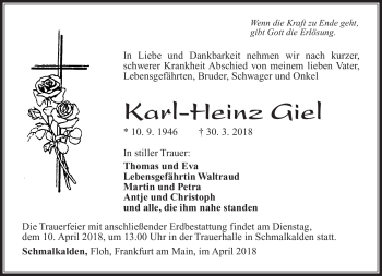 Traueranzeige von Karl-Heinz Giel von Südthüringer Presse