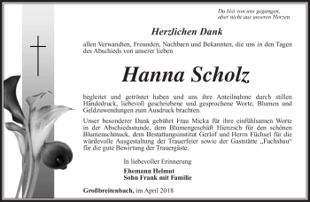 Traueranzeige von Hanna Scholz von Südthüringer Presse