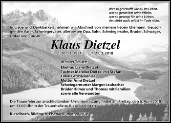 Traueranzeige von Klaus Dietzel von Südthüringer Presse