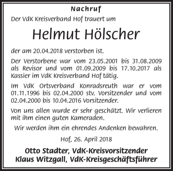 Traueranzeige von Helmut Hölscher von Frankenpost