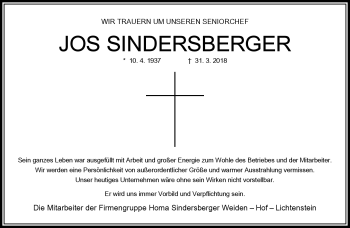 Traueranzeige von Joseph Sindersberger von Frankenpost