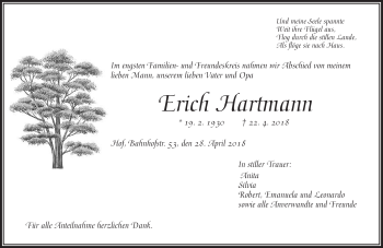 Traueranzeige von Erich Hartmann von Frankenpost
