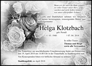 Traueranzeige von Helga Klotzbach von Südthüringer Presse
