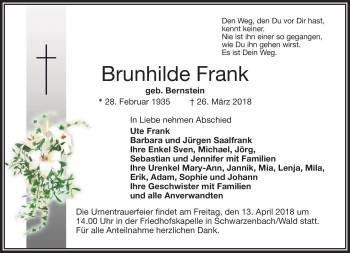 Traueranzeige von Brunhilde Frank von Frankenpost