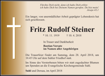 Traueranzeige von Fritz Rudolf Steiner von Südthüringer Presse
