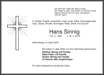 Traueranzeige von Hans Sinnig von Frankenpost