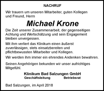 Traueranzeige von Michael Krone von Südthüringer Presse