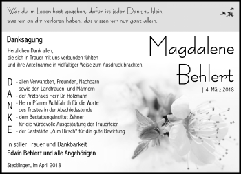 Traueranzeige von Magdalene Behlert von Südthüringer Presse
