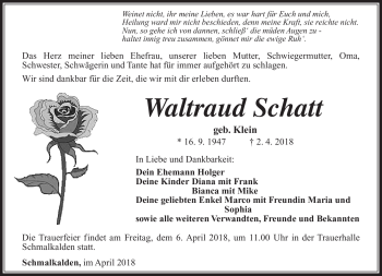 Traueranzeige von Waltraud Schatt von Südthüringer Presse