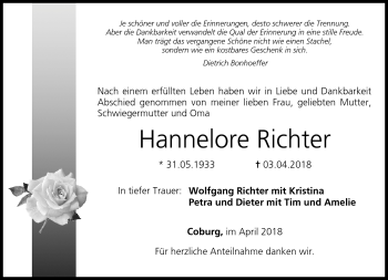 Traueranzeige von Hannelore Richter von Neue Presse Coburg