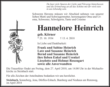 Traueranzeige von Hannelore Heinrich von Südthüringer Presse