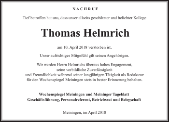 Traueranzeige von Thomas Helmrich von Südthüringer Presse