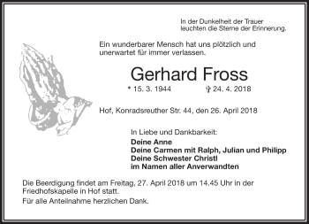 Traueranzeige von Gerhard Fross von Frankenpost