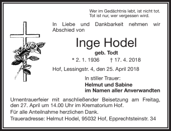Traueranzeige von Inge Hodel von Frankenpost