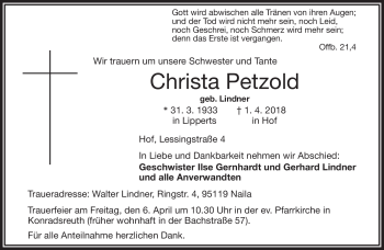 Traueranzeige von Christiana Petzold von Frankenpost