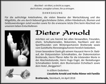 Traueranzeige von Dieter Arnold von Südthüringer Presse