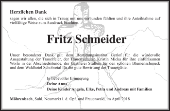 Traueranzeige von Fritz Schneider von Südthüringer Presse