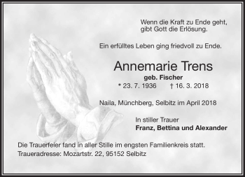Traueranzeige von Annemarie Trens von Frankenpost