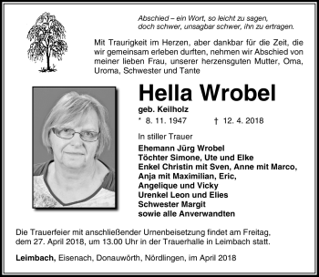 Traueranzeige von Hella Wrobel von Südthüringer Presse