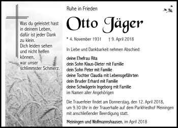 Traueranzeige von Otto Jäger von Südthüringer Presse