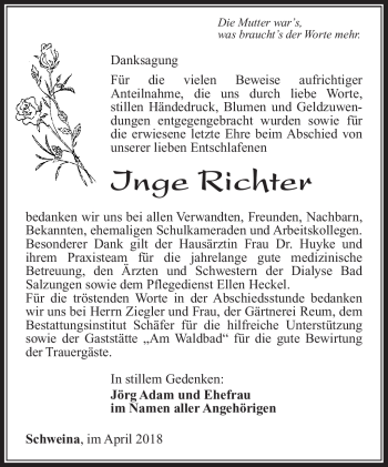 Traueranzeige von Inge Richter von Südthüringer Presse