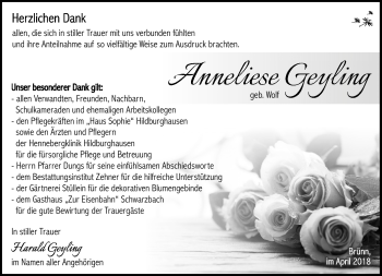 Traueranzeige von Anneliese Geyling von Südthüringer Presse