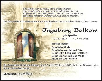 Traueranzeige von Ingeburg Balkow von Südthüringer Presse