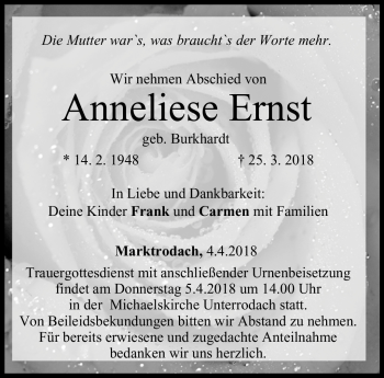 Traueranzeige von Anneliese Ernst von Neue Presse Coburg