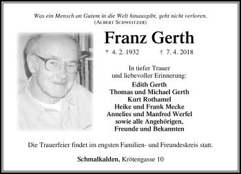Traueranzeige von Franz Gerth von Südthüringer Presse