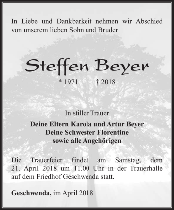 Traueranzeige von Steffen Beyer von Südthüringer Presse