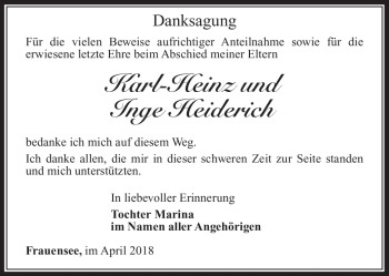 Traueranzeige von Karl-Heinz und Inge Heiderich von Südthüringer Presse