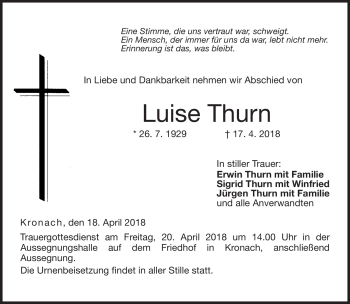 Traueranzeige von Luise Thurn von Neue Presse Coburg
