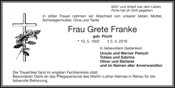 Traueranzeige von Grete Franke von Frankenpost
