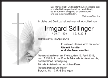 Traueranzeige von Irmgard Söllinger von Frankenpost