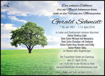 Traueranzeige von Gerald Schmidt von Südthüringer Presse